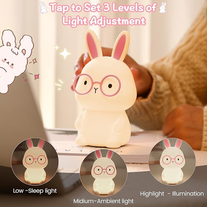 Bunny Lamp for Kids ,Rabbit Night Light with Color Changing, Rechargeable LED Nightlight for Easter Gift,Silicone Bedside Touch Lamp ,3 Levels Dimmable /Timmer Nursery Bedroom Light, Baby Room Decor
