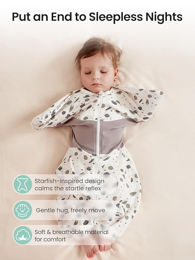 GROWNSY Transitional Swaddle Sleep Sack 6-12 Months, Starfish Design Baby Swaddle Sack, Dual-Zipper for Easy Diaper Changes, Proper Hip Development & Openable Foot Button, 19-27 lbs, Space Tourism