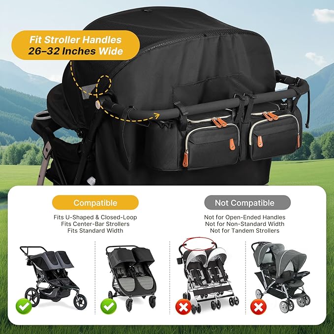 Boomistry Double Stroller Organizer for Bob Duallie and Baby Jogger City Mini GT2, Double Stroller Caddy Organizers with Cup Holder and 2 Cooler Pockets Parent Console Double Stroller Accessories