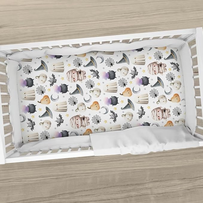 Happy Halloween Baby Crib Sheets Cute Spooky Pumpkin Bat Fitted Crib Mattress Cover Witch Moon Star Toddler Baby Sheet for Standard Crib 28x52in