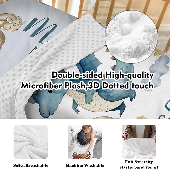Personalized Baby Crib Bedding Set: 4 Piece Custom Gift Crib Bed Set with Name - Blue Dinosaur Design, Nursery Bedding Set for Baby Girls,Newborn Boys Girls Crib Sets, Crib Bedding Shower Gifts