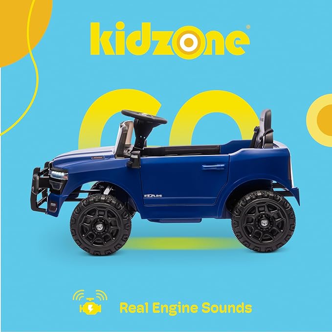 Kidzone Ride On Truck for Kids, Licensed RAM 3500 12V Battery Powered Electric Car Toy with Remote Control, LED Lights, Bluetooth Music & Rear Suspension - Blue