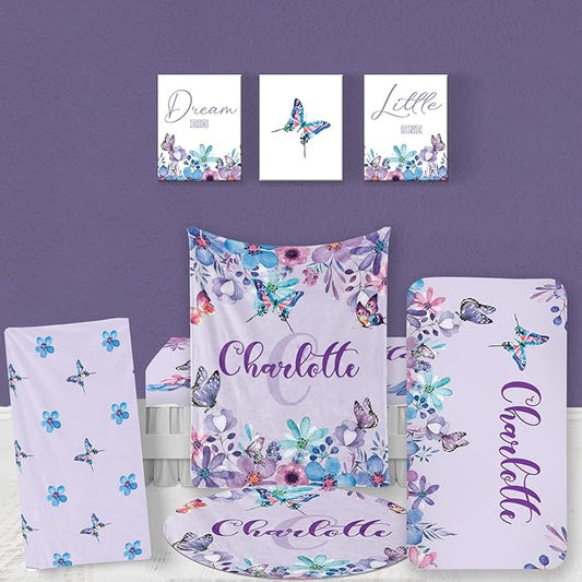 Custom Baby Bedding Set, Personalized Purple Butterfly Bedding, Baby Blanket Fitted Sheet Changing Cover Nursery Rug Room Decor Gift Idea