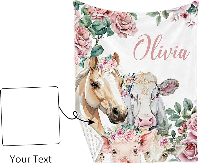 Custom Name Crib Bedding Set - Horse & Cow Pattern, Personalized Floral Nursery Bedding 3-Piece Set– Soft Blanket, Fitted Sheet, Changing Pad Cover – for Newborns Girls Nursery Gifts