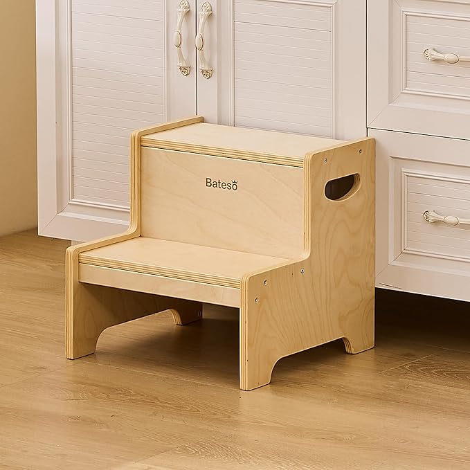 Bateso Step Stool for Kids, Wooden Toddler Step Stool with Non-Slip Mats for Bathroom Sink and Kitchen, Potty Training Stool with Handles for Toilet