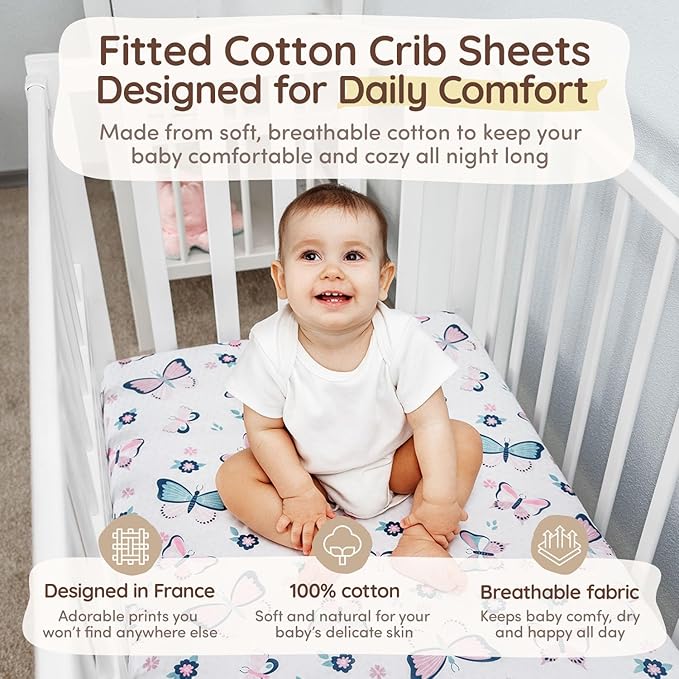 Baby Crib Sheets Girls Toddler Bed Sheets Cotton Fitted Crib Sheet Floral Sets 28"x52", 8" Deep Pocket, Baby Mattress Sheet 2Pack 100% Cotton Beddings, Designed in France, Pink, Butterfly Pattern