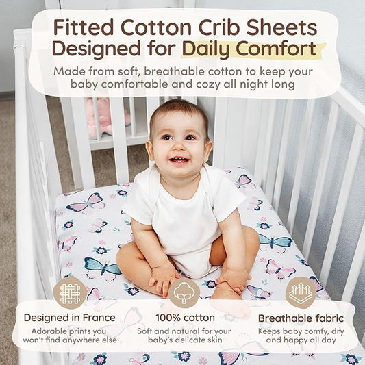 Baby Crib Sheets Girls Toddler Bed Sheets Cotton Fitted Crib Sheet Floral Sets 28"x52", 8" Deep Pocket, Baby Mattress Sheet 2Pack 100% Cotton Beddings, Designed in France, Pink, Butterfly Pattern