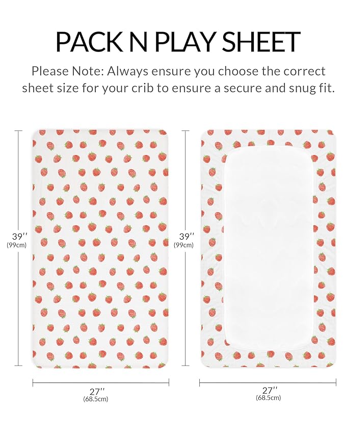 Pack and Play Sheets for Baby Boy and Girl 2 Pack, Neutral Muslin Cotton Pack N Play Mattresses Sheet 27"x39", Muslin Nursery Bedding Soft and Breathable Comfort (Strawberry & Pale Pink)