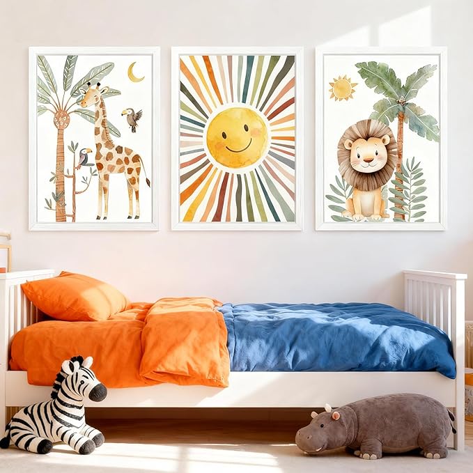 Cute Sun Lion Giraffe Quote Framed Wall Art Set of 4, 11x16 Boho Educational Animal Wall Sign for Baby Girl Kid Boy Toddlers, Wooden Inspirational Nursery Wall Decor Whie