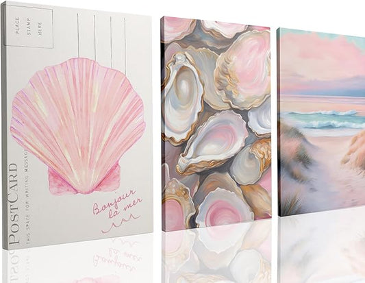 Framed Preppy Coastal Canvas Wall art Pink Beach Daughter Aesthetic Room Wall Decor Shells Oyster Paintings Picture Summer Poster Print for Girls Room Girls Dorm Home Decoration 16'' x 12''
