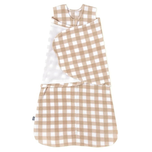 HALO Micro-Fleece Sleepsack Swaddle, 3-Way Adjustable Swaddle Blanket for Newborn and Infants, TOG 3.0 for Cold Climates, Hip Healthy, Gingham Tan, Newborn, 0-3 Months