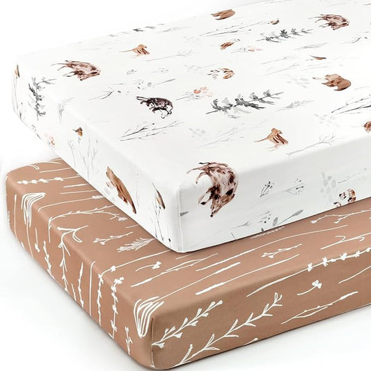 GRSSDER Stretch Ultra Soft Jersey Knit Fitted Crib Sheets Set 2 Pack，Fit All Standard Crib Mattress Pads Safe and Snug, Stylish Pattren of Jungle Animals