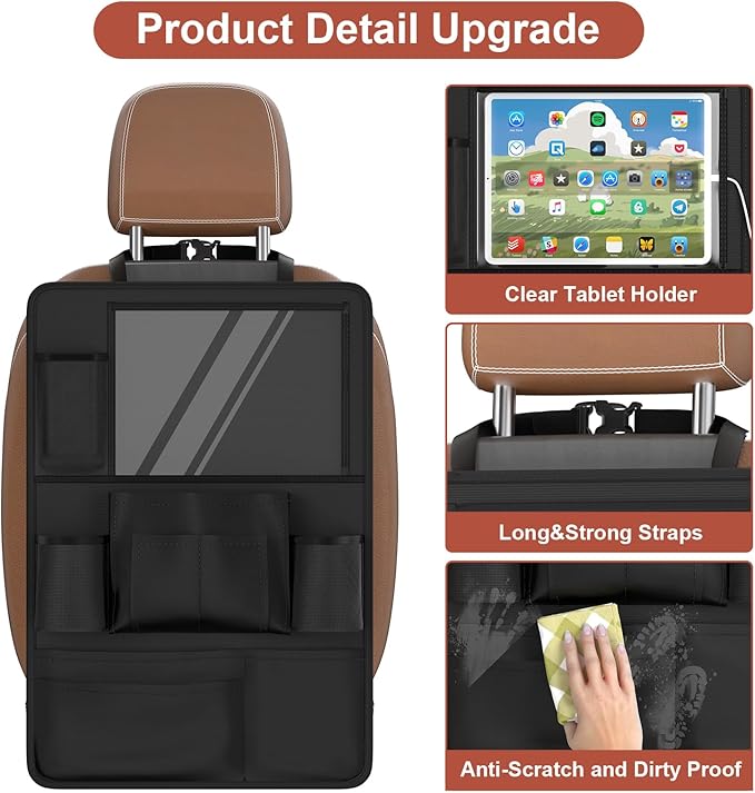 Oneyus Backseat Car Organizer with Touch Screen,Kick Mats Back Seat Protector with 10 Storage Pockets,Car Seat Back Organizers Storage for Snacks Drinks Toy Umbrellas for Kids Road Trip
