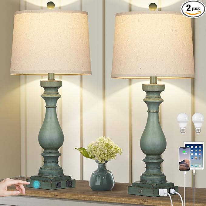 Cinkeda 29" Tall Table Lamp for Living Room Set of 2,Vintage Bedside Nightstand Lamps with USB C+A Ports & AC Outlet,3-Way Dimmable Touch Control Retro Green Desk Lamp for Bedroom,Color 4