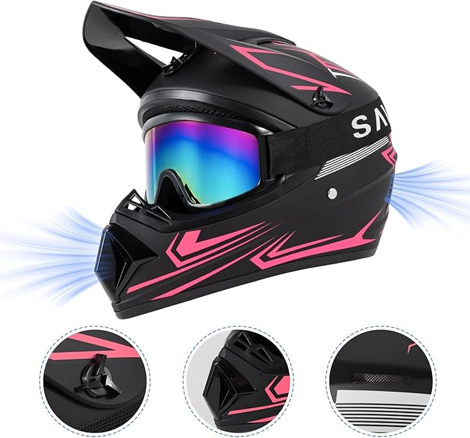 Youth Kids Dirt Bike Motocross Helmet (Goggles Gloves Face Mask) 4PCS Set, DOT Approved Girls Full Face Motorcycle Helmets, ATV BMX MX Mountain Bike Off Road Kid Helmet (Pink, L)