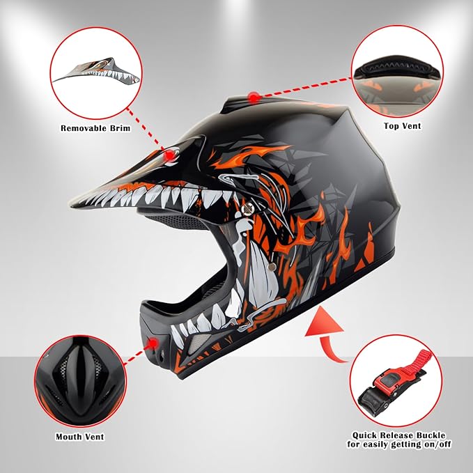 WOW Youth Kids Motocross BMX MX ATV Dirt Bike Dianosour Helmet Dragon + Goggles + Martian Youth Glove Bundle: HJOY MG Bundle
