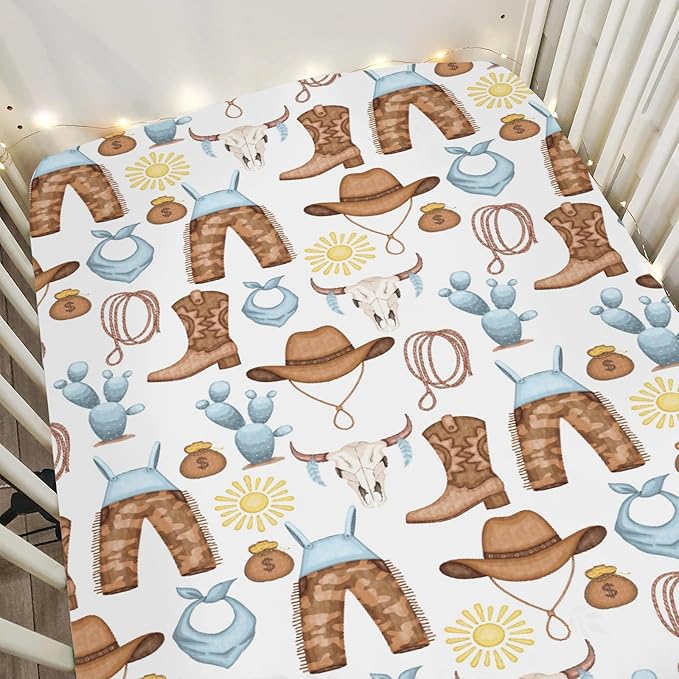 Cute Blue Western Cowboy Baby Crib Sheets for Boy 28"x52" Cowboy Boots Hat Cactus Skull Sun Soft Snug Fitted Crib Mattress Cover Wild West Desert Baby Sheet for Standard Crib & Toddler Mattress