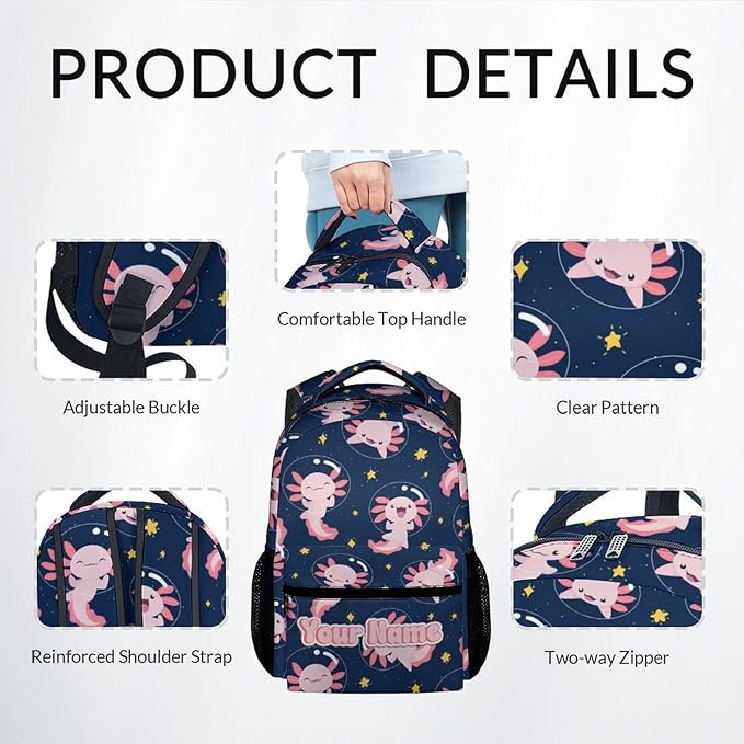 COZYAURA Custom Kids Backpack for Girls - Large Capacity School Bags with Lunch Bag Pencil Pouch Set - Cute Axolotl Bookbag for Elementary Middle School & Travel - Kid School Supplies