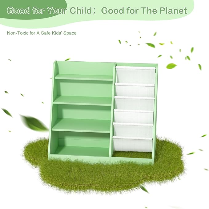 HedoAjim Kids Bookshelf Toddler Bookcase Children Book Rack Baby Toy Storage Organizer Child Book Display Shelf 4-Tier 5 Layer Sling Cabinet Chest Playroom Bedroom Classroom Library Green