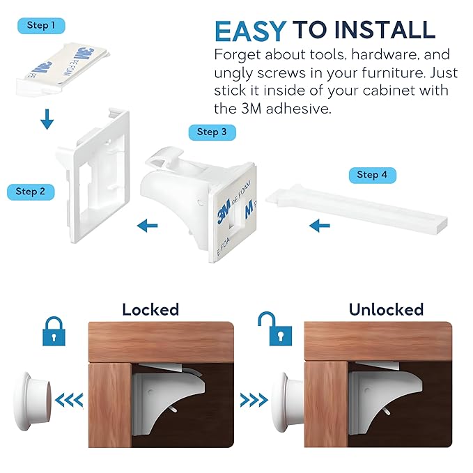 Pack of 12 Magnetic Cabinet Locks for Child Safety with 3 Keys, 3M Adhesive Easy Installation, Baby Proofing Magnetic Locks for Cabinets and Drawers(12 Locks + 3 Keys)