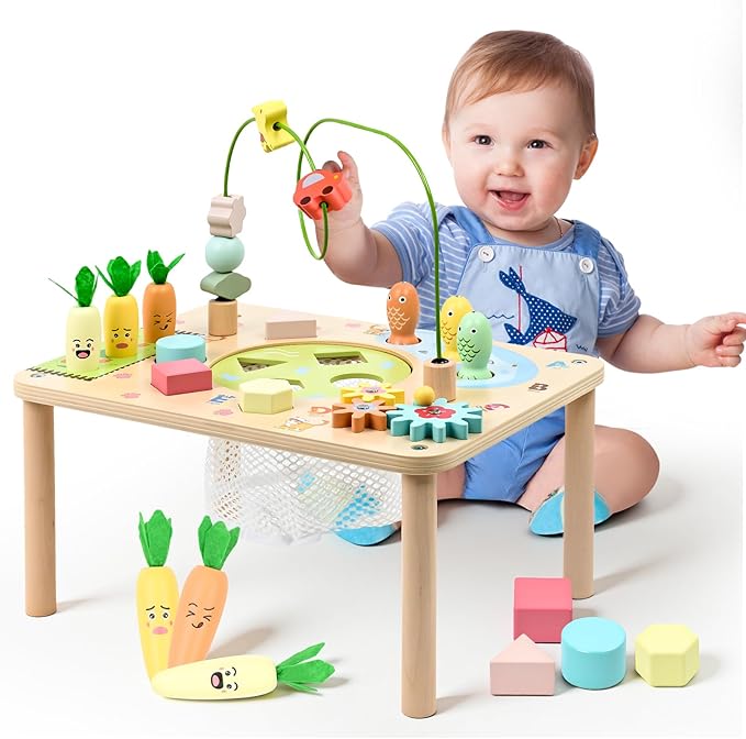 wingyz Activity Table, 6 in 1 Wooden Montessori Activity Center with Bead Maze Shape Sorter Fishing Game, Kids Sensory Play Table Toddler Toys 1st Birthday Gifts Boy Girl(Morandi-Square)