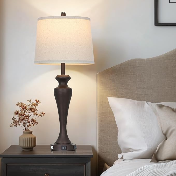 luxeflow 30" Brown Table Lamps Set of 2, 3-Way Touch Control Bedside Lamp with USB A+C Ports and AC Outlet, Tall Living Room Lamps for End Table, Elegant Coffee Bedroom Lamp for Night Stand
