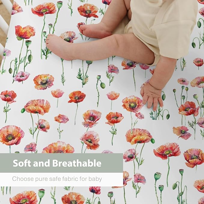 Watercolor Poppies Flowers Baby Crib Sheets for Boy Girl 28"x52" Red Poppies Green Leaves Soft Snug Fitted Crib Mattress Cover Spring Summer Floral Baby Sheet for Standard Crib & Toddler Mattress