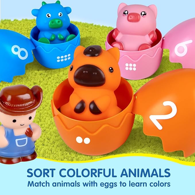 Toddler Learning Toys for 1 2 3 Years Old, Count Matching & Sorting Montessori Farm Train Set with 8 Farm Animals & 1 Farmer Finger Puppets, Christmas Easter Birthday Gift for Baby Boys Girls