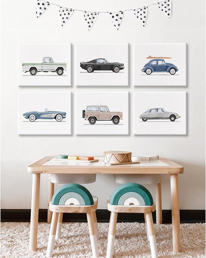 Blue Car Wall Art Decor Boys Room Wall Art Vintage Cars Canvas Poster Pictures Toddler Kids Room Prints Watercolor Vehicle Artwork Painting for Boys Bedroom Nursery 8x10 Inch Framed Set of 6