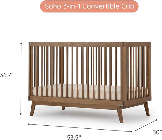dadada Baby Soho 3-in-1 Convertible Wooden Crib to Toddler Bed - Made in Italy, GREENGUARD Gold Certified, Baby-Safe Finish, Handcrafted Beechwood, Modern Design, 3 Adjustable Heights (Walnut)