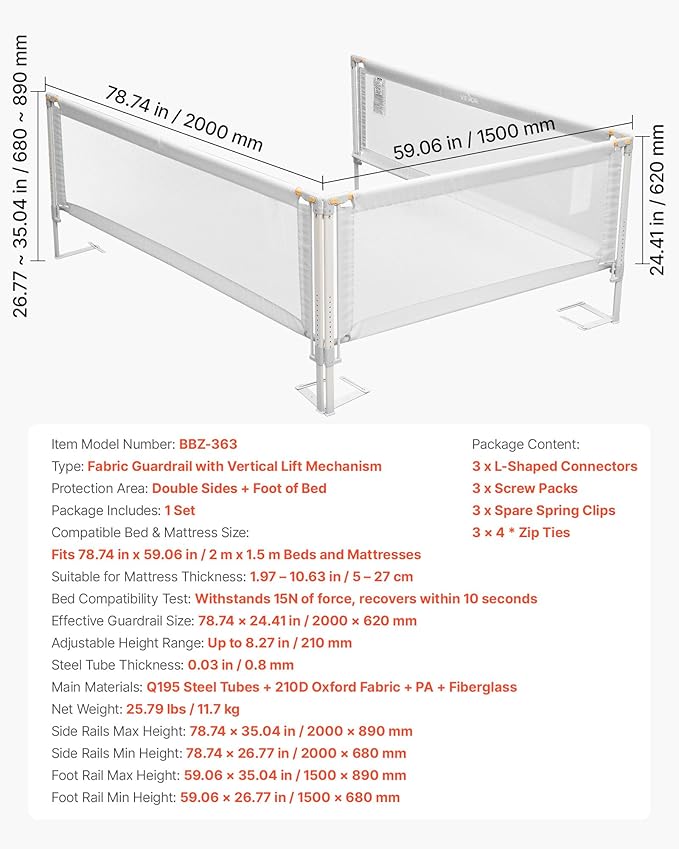 VEVOR 3 Piece Toddler Bed Rail, Kids Beds Guard Rail with Reinforced Iron Pipe and Oxford Cloth, Adjustable Height Bed Side Railing, Portable Guard Bumper Barrier for Queen Size, 3 Sides, Grey