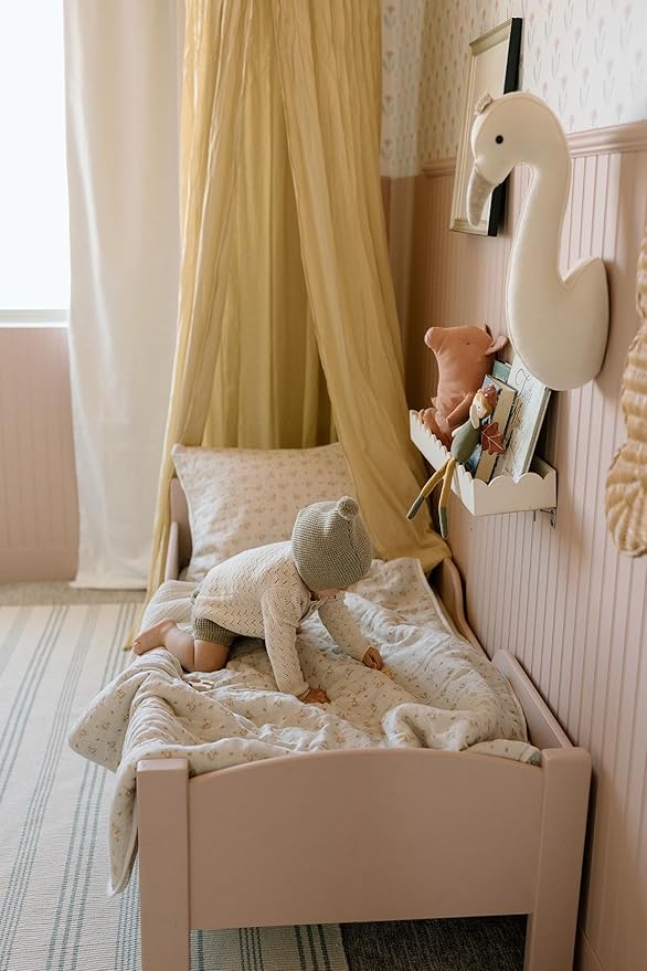 Oilo 100% Organic Premium Cotton Muslin Crib Quilt (45" x 60") Print and Solid Sides, Extra-Soft & Lightweight, Fits Toddler Beds, Heirloom Organic Collection, Cream & Peach Flowers, Dainty Floral