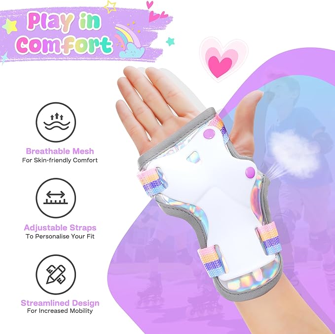 Knee Pads for Kids - ZOOBLISS Toddler Knee and Elbow Pads Set Wrist Guards for Skating Girls Aged 3-12, Kids Protective Gear for Roller Skates Skateboard Bike Scooter, Included Drawstring Bag(Rainbow)