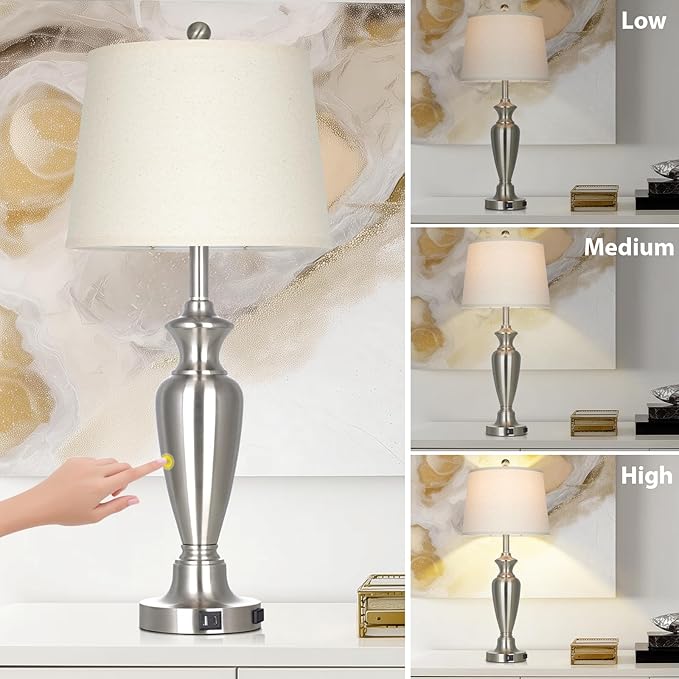 luxeflow 30" Tall Silver Table Lamps Set of 2 for Living Room, Touch Control Bedside Lamps for Nightstand, 3-Way Dimmable Bedroom Table Lamp with USB A+C Ports and AC Outlet (2 LED Bulbs Included)