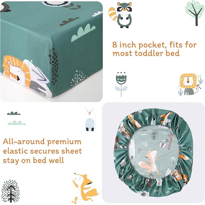 JSD Green Forest Animals Toddler Bedding Set, 4 Piece Bed-in-Bag Toddler Comforter Sheet Set, Machine Washable