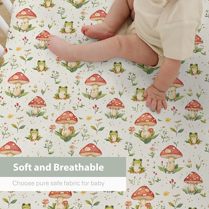 Green Frogs Mushroom Baby Crib Sheets for Boy Girl 52x28Inch Fairytale Frogs Soft Stretchy Fitted Crib Mattress Cover Baby Sheet Fits Crib and Toddler Bed Mattresses