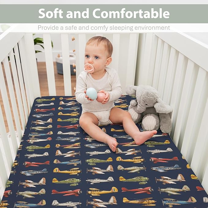 Vintage Planes Airplanes Helicopters Baby Crib Sheets Boy Girl 28"x52" Navy Plane Models Aircraft Soft Stretchy Fitted Crib Mattress Cover Baby Sheet for Standard Crib & Toddler Mattress Pad