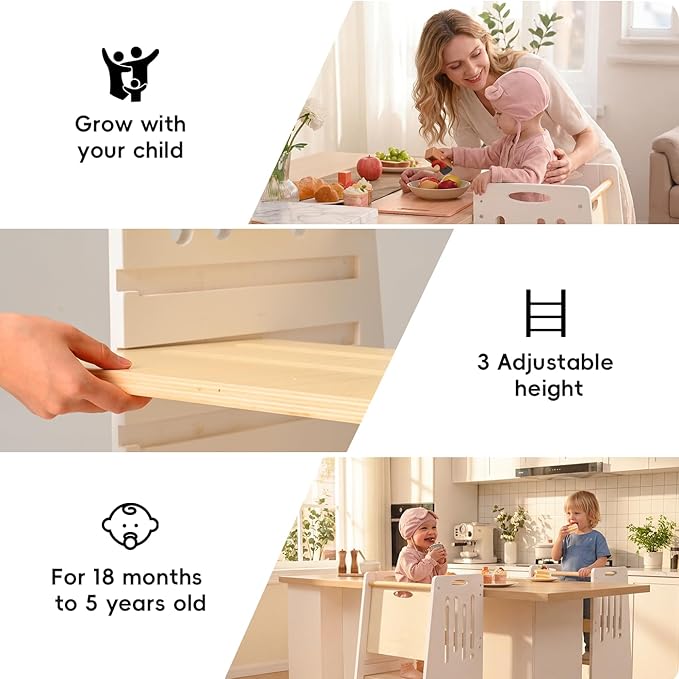Toddler Tower,Height-Adjustable Step Stool with Sliding Safety Door,Easy to Adjust Height,Suitable for Kids from 18 Months to 5 Years Old,Anti-tilt Kitchen Step Stool with Safety Feet-White