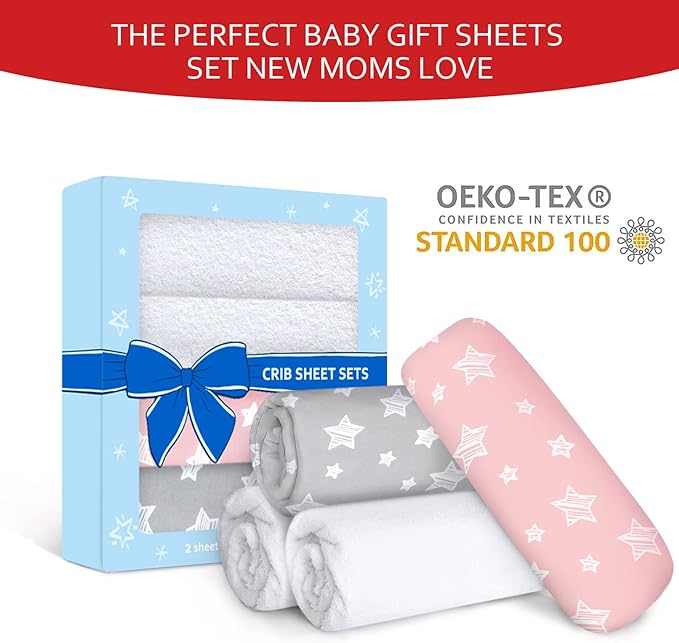 Crib Sheets & Waterproof Crib Mattress Protector for Boys 4 Pack Set, Viscose, Waterproof Crib Sheets Mattress Pad Cover, Grey & Pink
