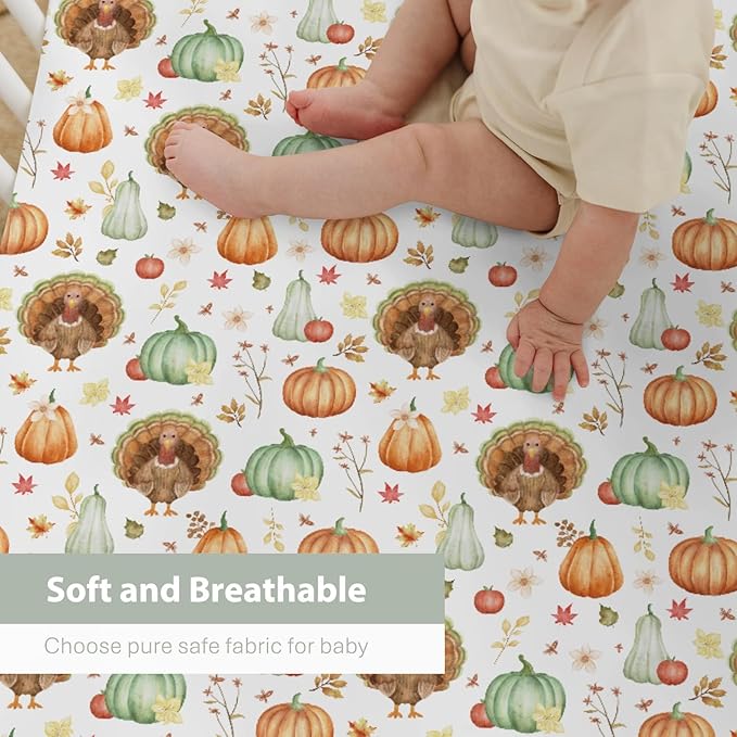 Thanksgiving Turkey Pumpkins Baby Crib Sheets for Boy Girl 52"x28" Autumn Maple Leaves Soft Stretchy Fitted Crib Mattress Cover Fall Harvest Baby Sheet for Standard Crib and Toddler Bed Mattress