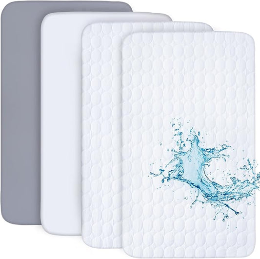 2 Pack Fitted Crib Sheets & 2 Pack Waterproof Crib Mattress Protectors, Baby Bedding Set Grey and White, Ultra Soft Breathable Sheets, Quiet Mattress Pad Covers, Fits 52" x 28"