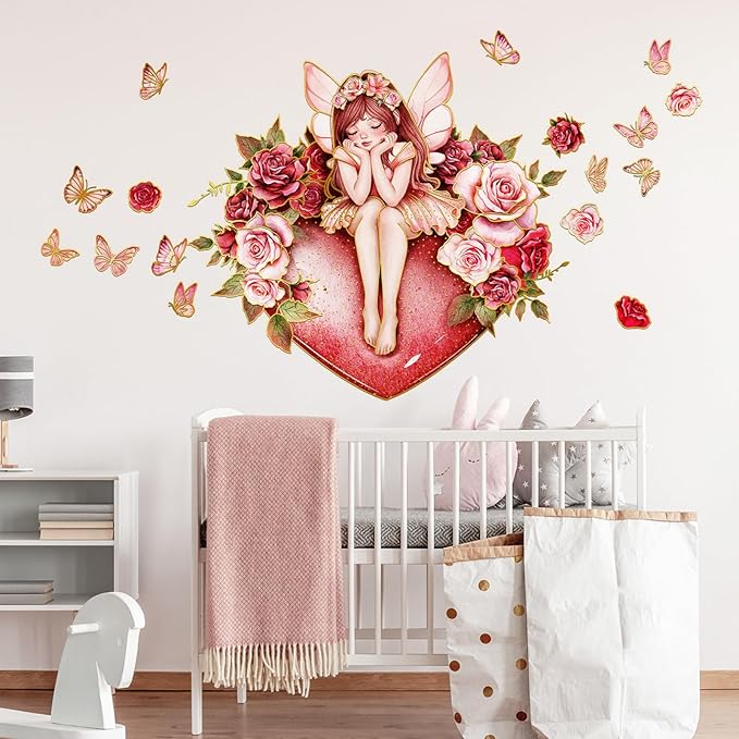Fairy and Rose Wall Stickers Dreamy Theme Beautiful Girl with Roses and Butterflies Decals Peel and Stick Waterproof Decor for Kids Room Bedroom Living Room(Fairy)
