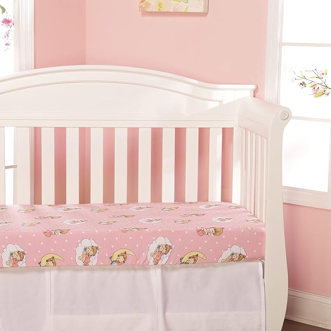 2 Pack Fitted Crib Sheets for Girls in 100% Jersey Knit Cotton – Pink and Yellow Precious Moments Design Plus Solid Pink Girl’s Crib Mattress Sheets by Everyday Kids