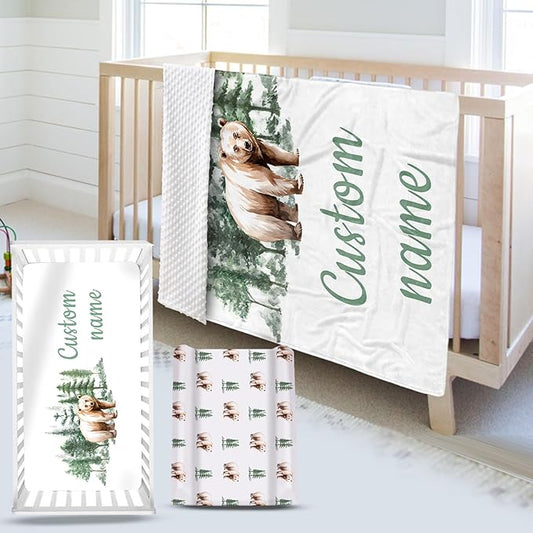 Custom Name Crib Bedding Set 3-Piece – Brown Bear Design Baby Bedding Set with Personalized Soft Blanket, Fitted Sheet, Changing Pad Cover – Ideal Newborn Gift for Boys and Girls