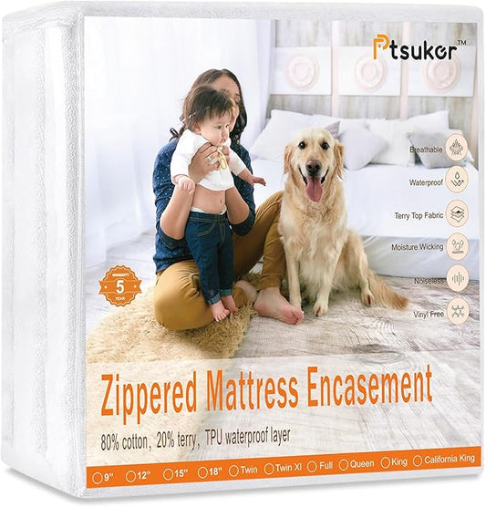 King Waterproof Mattress Protector 76"x 80" Fits 13/14/15 inch Depth, Zippered Brathable Cozy Terry Top Mattress Pad Cover with Deep Pocket
