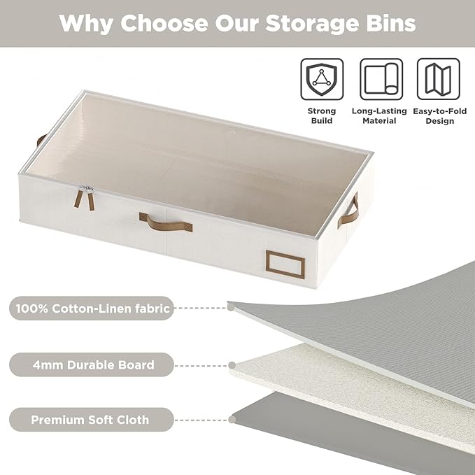 COYACOOL Under Bed Storage, Under Bed Storage Containers Bins for Clothes, Large Linen Underbed Closet Organization Bins, 2 Pack Collapsible Underbed Bin Dorm for Clothes, Sweater, Beige