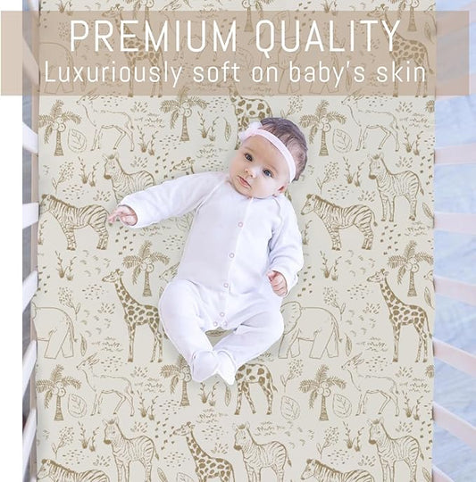 Cute Animals Safari Baby Crib Sheets for Boy Girl Boho Giraffe Zebra Elephant Trees Leaves Soft Snug Fitted Crib Mattress Covers for 52''x28'' Standard Crib & Toddler Mattress Wild Animals Bed Sheets