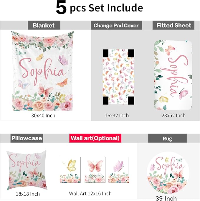 Custom Baby Bedding Set: Personalized Pink Butterfly Bedding Baby Blanket Fitted Sheet Changing Cover Nursery Rug Room Decor Gift Idea