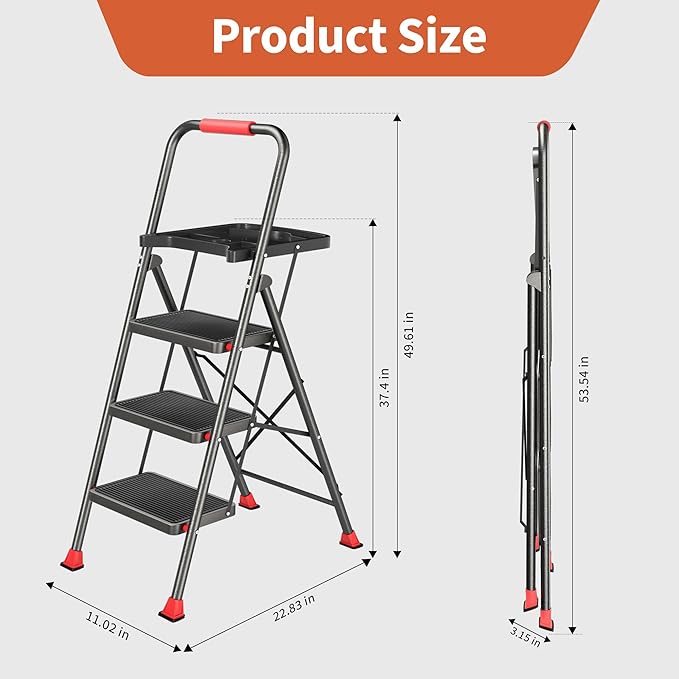 DIAMONDFORGE 3 Step Ladder, Folding Step Stool with Tool Platform, Wide Anti-Slip Pedal and Anti-Slip Feet, Sturdiest Steel Construction, 600lbs Capacity Steel Ladder for Home Office, Black Red
