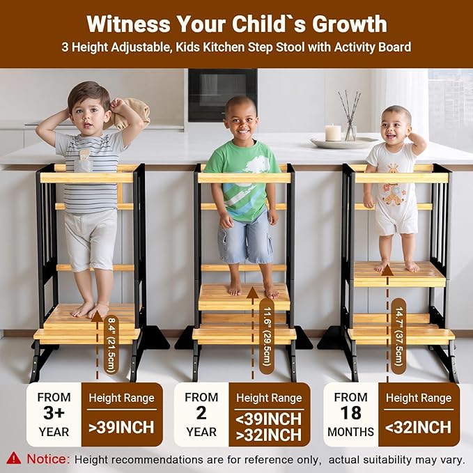 COSYLAND Kitchen Tower for Toddlers with Anti-Tip Support – Lightweight Toddler Kitchen Stool Helper for Bathroom Living Room Dining Room – Solid Bamboo Standing Tower (Natural & Black)